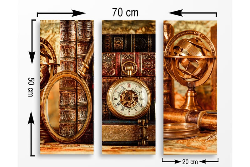 Canvastavla i trä 3-delar 50x70 cm - Vintage samling av böcker och tidmätare - Brunt / Guld / Beige - Inredning - Tavlor & konst - Canvastavlor