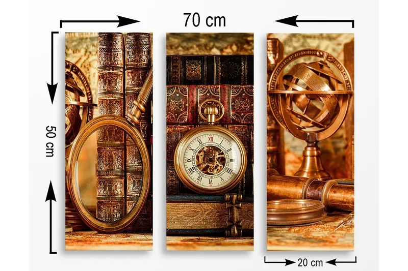 Canvastavla i trä 3-delar 50x70 cm - Vintage samling av böcker och tidmätare - Brunt / Guld / Beige - Inredning - Tavlor & konst - Canvastavlor