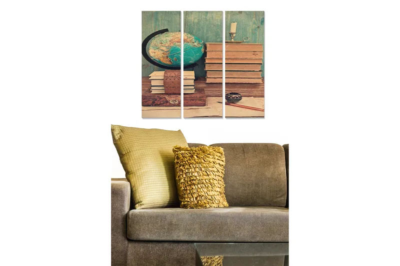 Canvastavla i trä 3-delar 50x70 cm - Vintage skrivbord med böcker och en glob, Grön / Brun / Beige