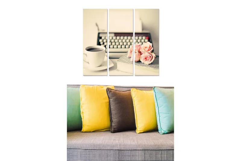 Canvastavla i trä 3-delar 50x70 cm - Vintage skrivmaskin med kaffekopp och rosor, Rosa / Vit / Grå