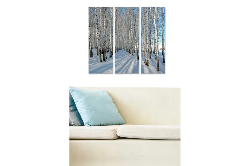 Canvastavla i trä 3-delar 50x70 cm - Vinterlandskap med björkar i snöklädd miljö, Vit / Blå / Svart