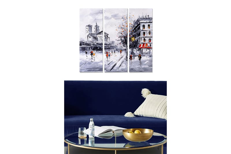 Canvastavla i trä 3-delar 50x70 cm - Vinterlandskap med skridskoåkare på en frusen sjö - Grå / Vit / Orange - Inredning - Tavlor & konst - Canvastavlor