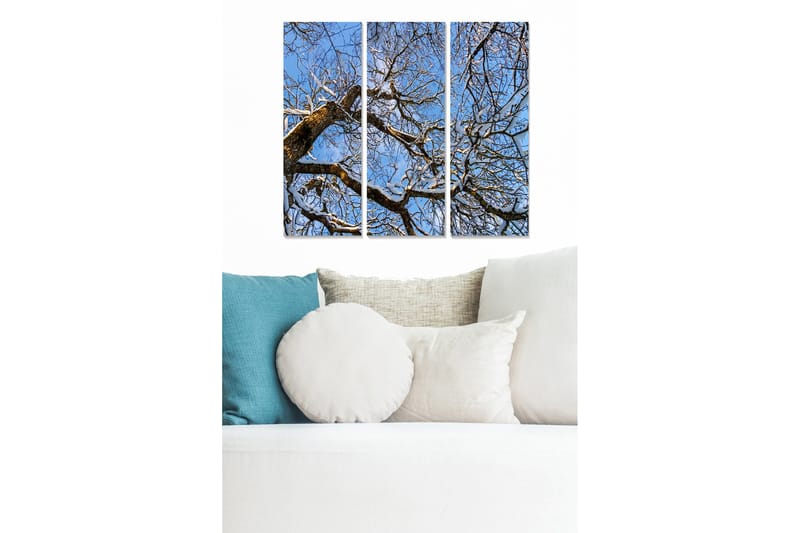 Canvastavla i trä 3-delar 50x70 cm - Vinterlandskap med snöklädda trädgrenar mot en klarblå himmel, Blå / Vit / Brun