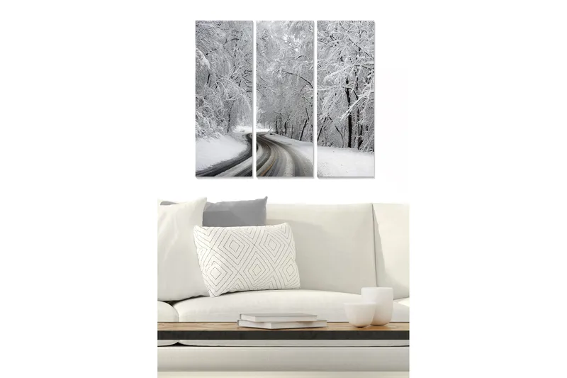 Canvastavla i trä 3-delar 50x70 cm - Vinterlandskap med snötäckta träd och en slingrande väg - Vit / Grå - Inredning - Tavlor & konst - Canvastavlor