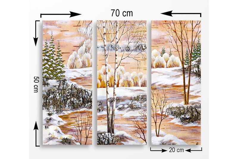Canvastavla i trä 3-delar 50x70 cm - Vinterlandskap med snötäckta träd och en spegelblanka sjö - Vit / Grön / Orange - Inredning - Tavlor & konst - Canvastavlor