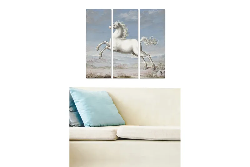 Canvastavla i trä 3-delar 50x70 cm - Vit häst i språng mot en ljusblå himmel, Vit / Ljusblå / Beige