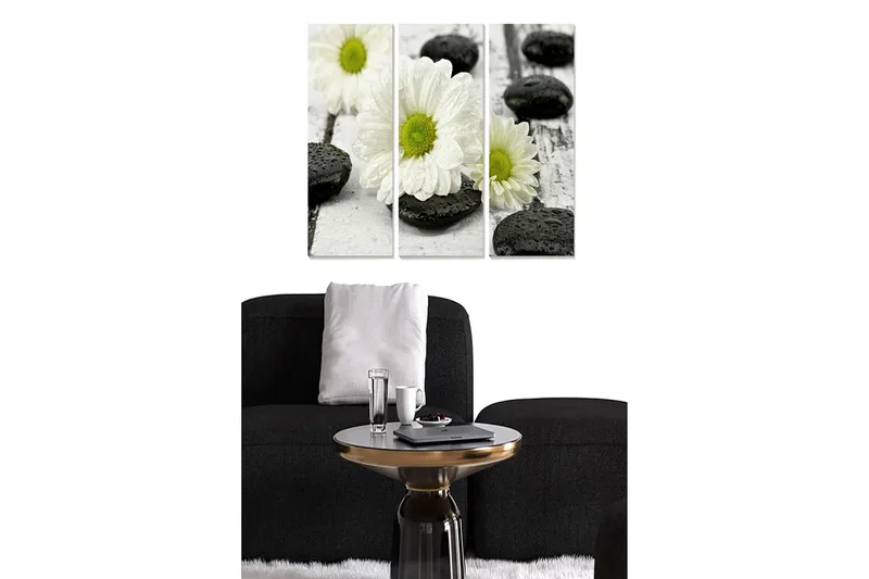 Canvastavla i trä 3-delar 50x70 cm - Vita blommor med svarta stenar på en träyta, Vitt / Svart / Grönt