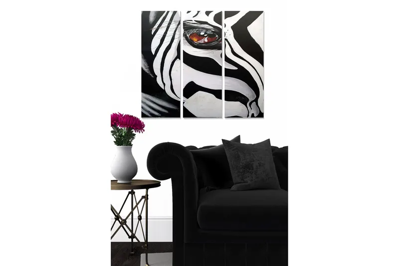 Canvastavla i trä 3-delar 50x70 cm - Zebra med framträdande öga, Svart / Vit / Brun