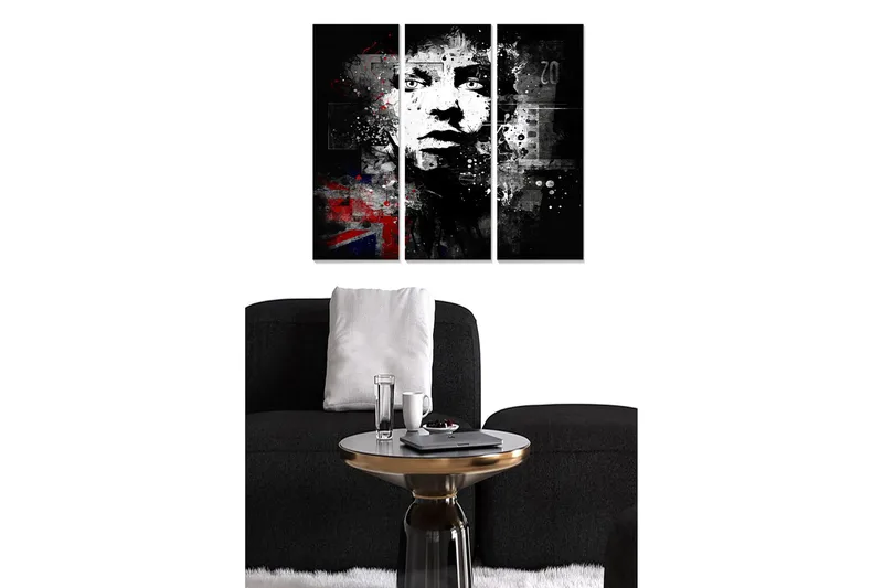 Canvastavla i trä 3-delar 50x70 cm - Porträtt av en ansiktsprofil med grafiska inslag och en urban känsla, Svart / Vitt / Rött