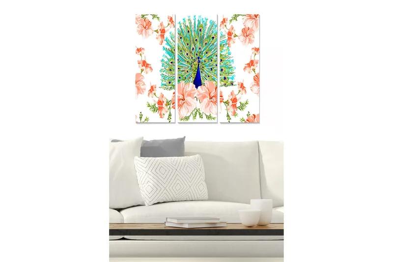Canvastavla i trä 3-delar 50x70 cm - Praktfull påfågel omgiven av blommor - Turkos / Rosa / Grön - Inredning - Tavlor & konst - Canvastavlor