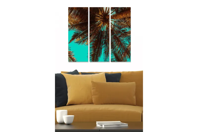 Canvastavla i trä 3-delar 50x70 cm - Palmblad under en klar himmel, Turkos / Brun