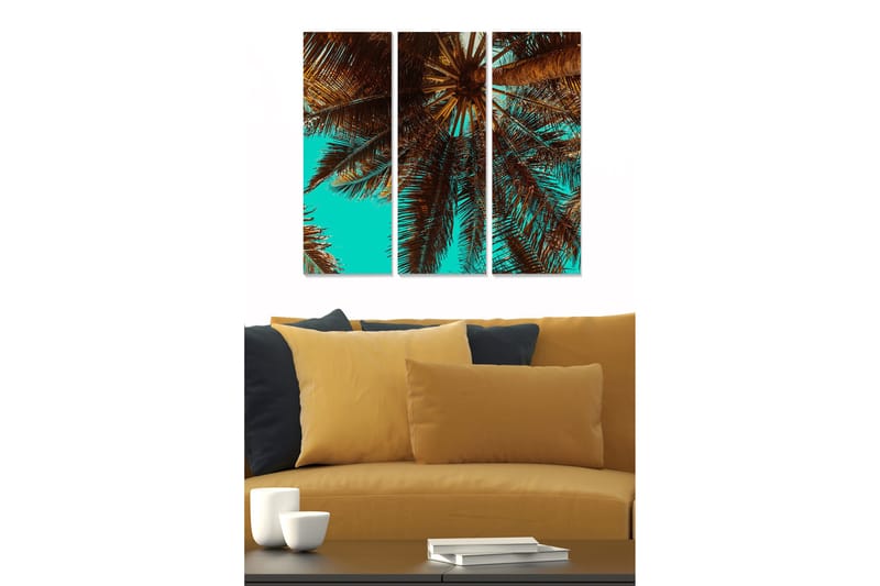 Canvastavla i trä 3-delar 50x70 cm - Palmblad under en klar himmel, Turkos / Brun