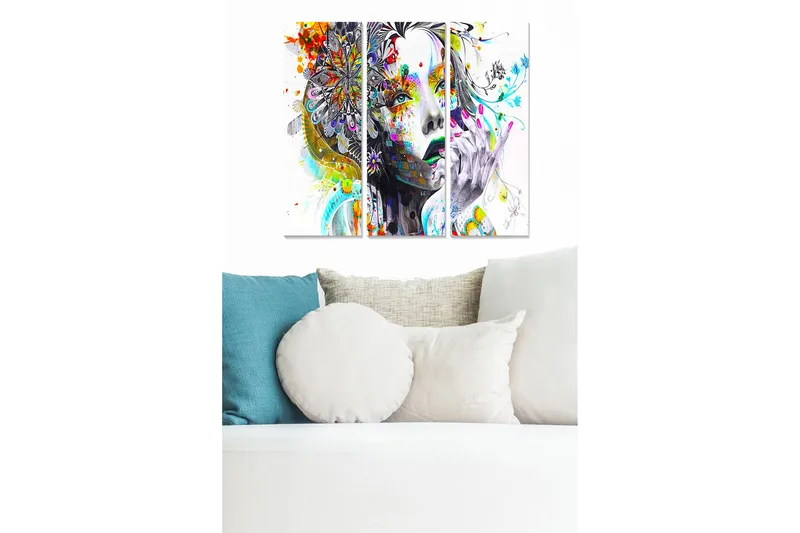 Canvastavla i trä 3-delar 50x70 cm - Porträtt av en kvinna med färgglada mönster och blommor i håret, Grå / Gul / Röd