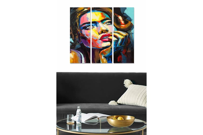 Canvastavla i trä 3-delar 50x70 cm - Porträtt av en kvinna med uttrycksfulla drag och starka färger, Röd / Blå / Gul