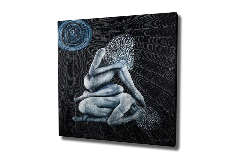 Canvastavla - Intim scen med två nakna figurer i en komplex position, Mörkblå / Ljusblå / Svart