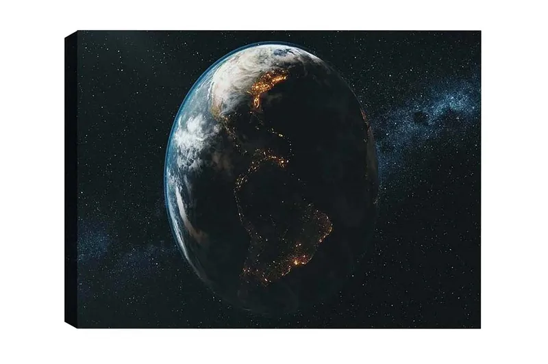 Canvastavla - Jorden sedd från rymden med ljus som markerar städerna, Blå / Grön / Svart