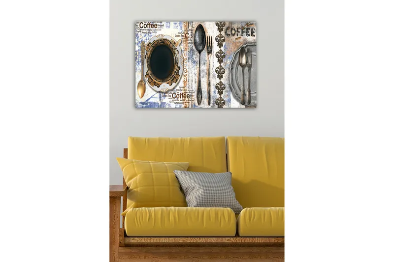 Canvastavla - Kaffe och bestick på en dekorerad tallrik - Svart / Guld / Grå - Inredning - Tavlor & konst - Canvastavlor