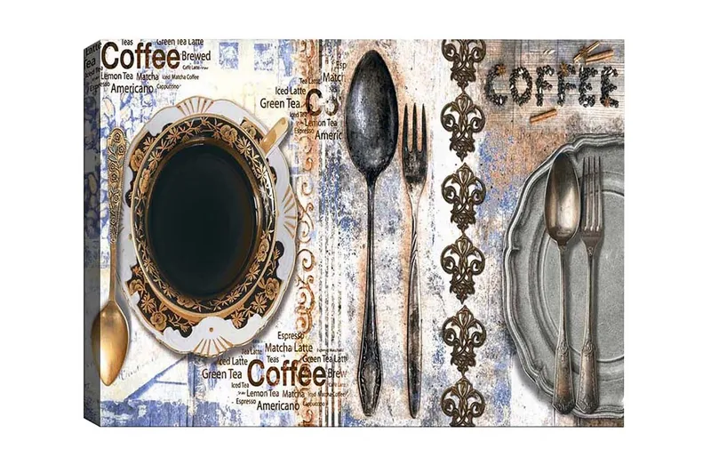 Canvastavla - Kaffe och bestick på en dekorerad tallrik, Svart / Guld / Grå