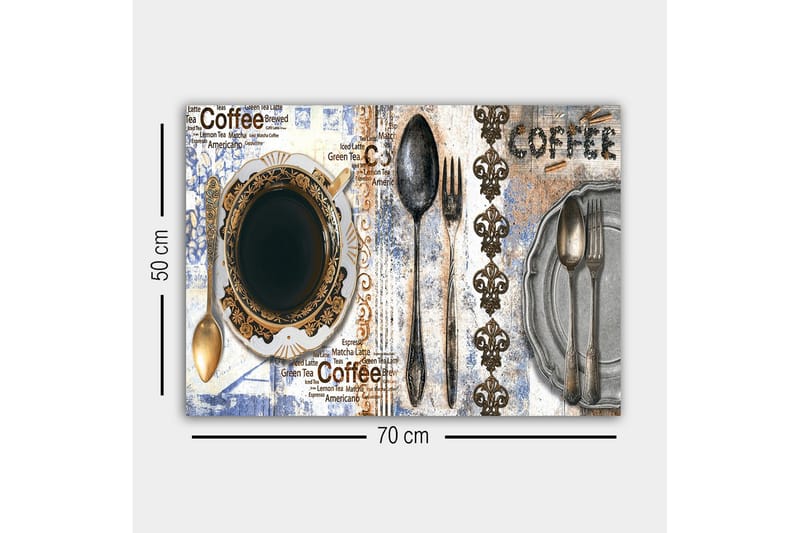 Canvastavla - Kaffe och bestick på en dekorerad tallrik - Svart / Guld / Grå - Inredning - Tavlor & konst - Canvastavlor