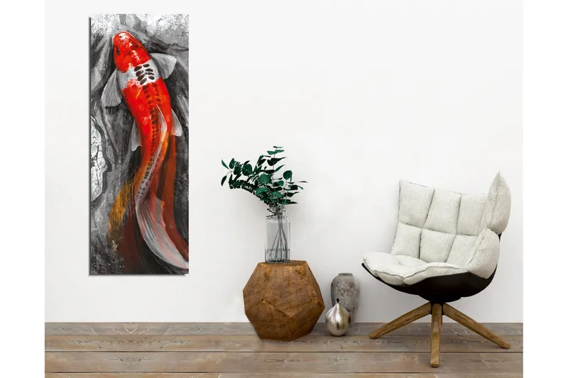 Canvastavla - Karp med starkt röd färg simmande i en dämpad miljö - Röd / Svart / Grå - Inredning - Tavlor & konst - Canvastavlor