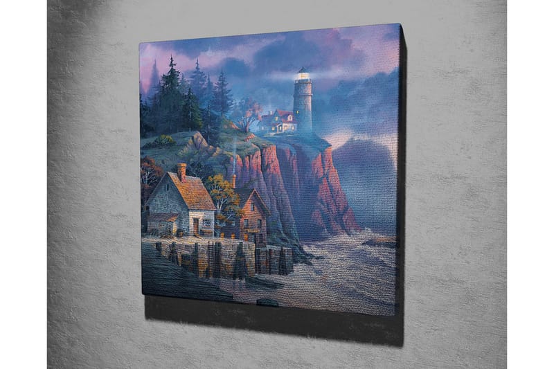 Canvastavla - Klippig kust med fyr och pittoreska hus - Mörkblå / Grå / Röd - Inredning - Tavlor & konst - Canvastavlor