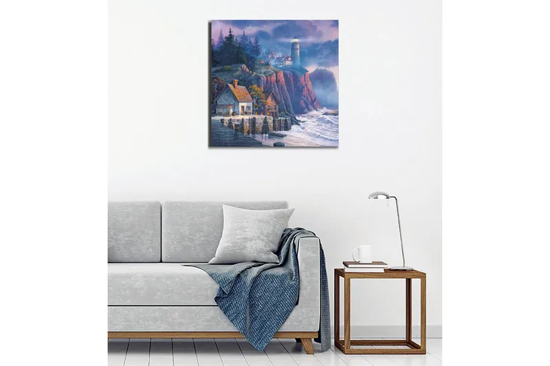 Canvastavla - Klippig kust med fyr och pittoreska hus - Mörkblå / Grå / Röd - Inredning - Tavlor & konst - Canvastavlor