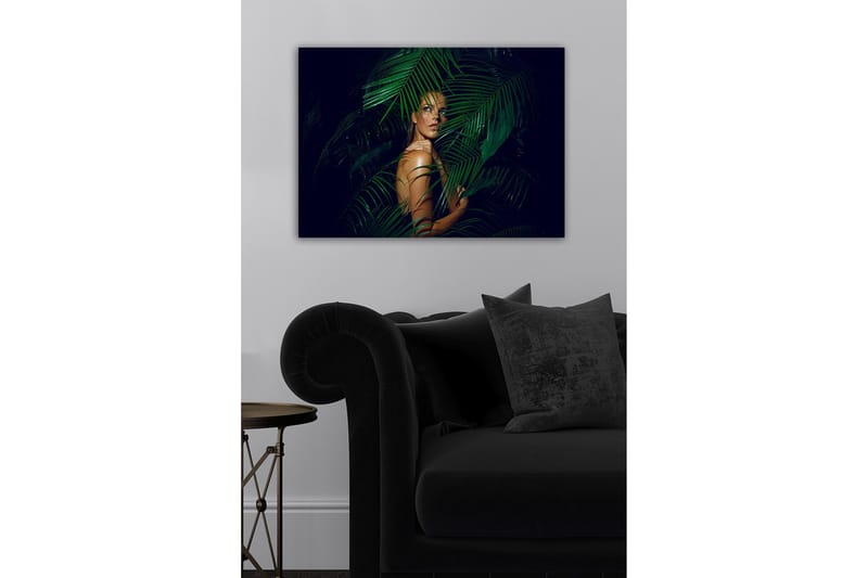 Canvastavla - Kvinna delvis dold bakom gröna palmblad - Mörkgrön / Hudton / Svart - Inredning - Tavlor & konst - Canvastavlor