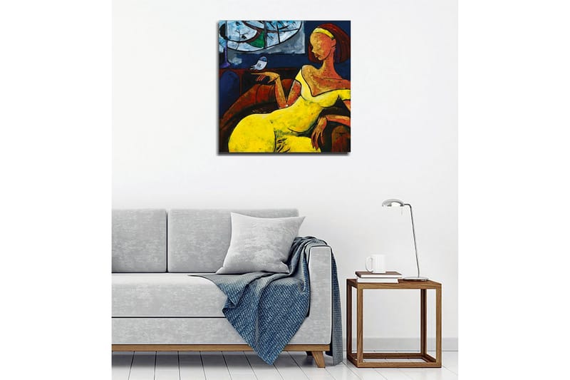 Canvastavla - Kvinna i gul klänning som sitter med en fågel på handen - Gul / Blå / Röd - Inredning - Tavlor & konst - Canvastavlor