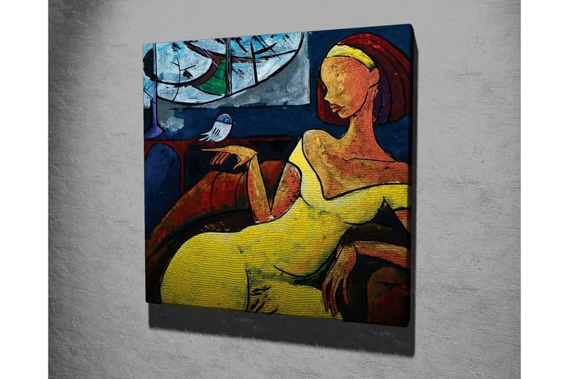 Canvastavla - Kvinna i gul klänning som sitter med en fågel på handen - Gul / Blå / Röd - Inredning - Tavlor & konst - Canvastavlor