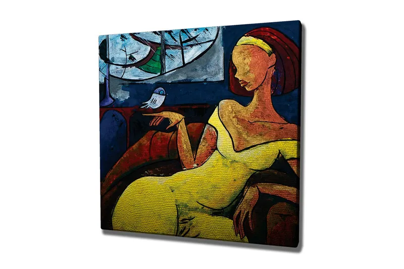 Canvastavla - Kvinna i gul klänning som sitter med en fågel på handen, Gul / Blå / Röd