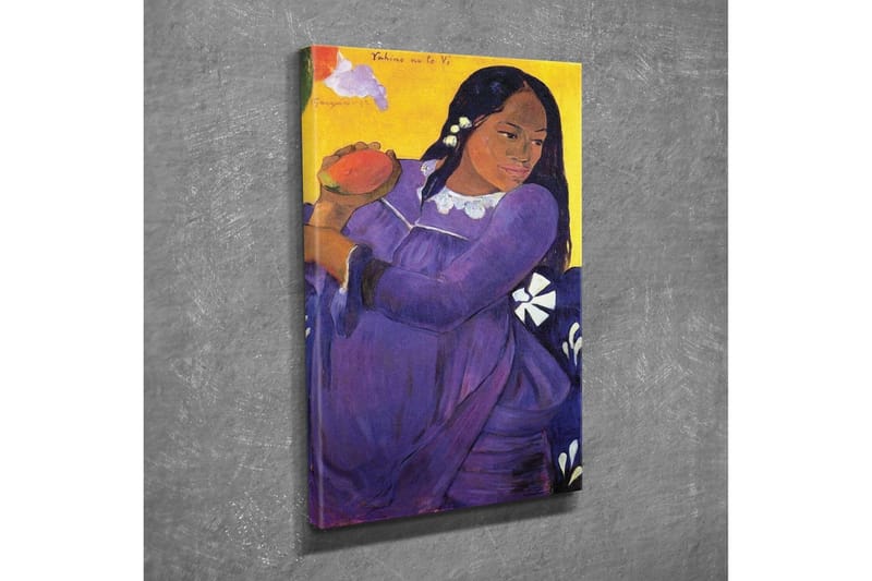 Canvastavla - Kvinna i lila klänning som håller en frukt - Lila / Gul / Vit - Inredning - Tavlor & konst - Canvastavlor