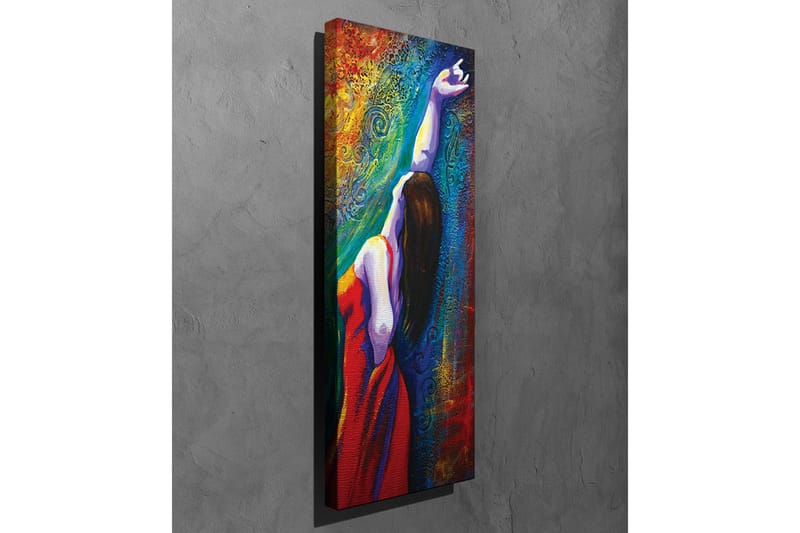 Canvastavla - Kvinna i röd klänning som sträcker ut sin arm mot en färgglad bakgrund - Röd / Blå / Grön - Inredning - Tavlor & konst - Canvastavlor