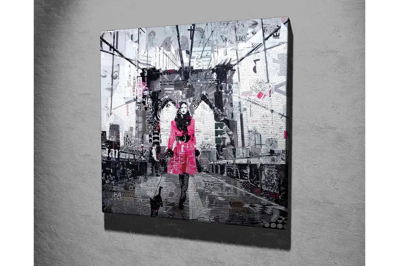 Canvastavla - Kvinna i rosa kappa som promenerar med en katt på en bro - Rosa / Svart / Grå - Inredning - Tavlor & konst - Canvastavlor