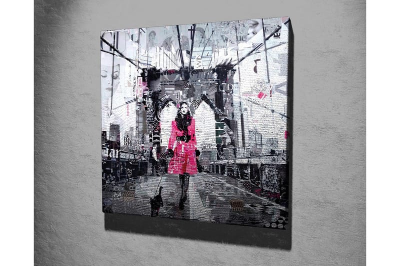Canvastavla - Kvinna i rosa kappa som promenerar med en katt på en bro - Rosa / Svart / Grå - Inredning - Tavlor & konst - Canvastavlor
