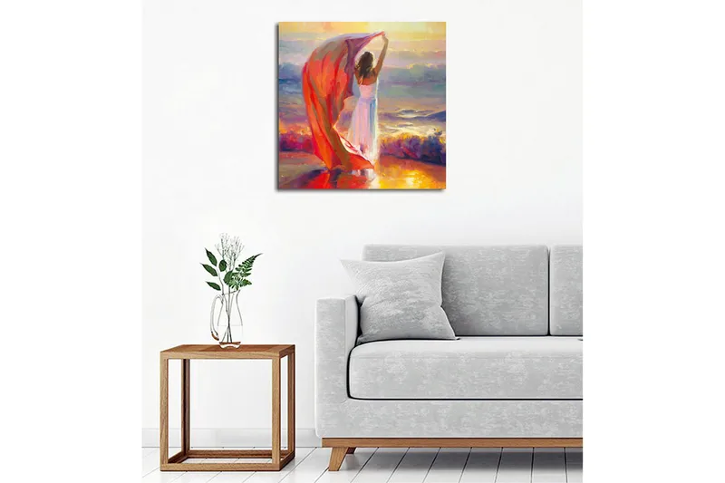 Canvastavla - Kvinna som håller upp en röd sjal vid havet - Röd / Vit / Blå - Inredning - Tavlor & konst - Canvastavlor