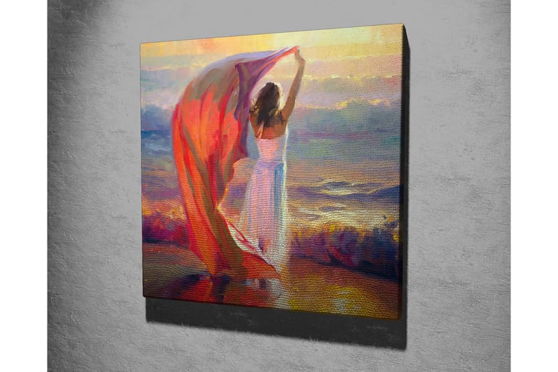 Canvastavla - Kvinna som håller upp en röd sjal vid havet - Röd / Vit / Blå - Inredning - Tavlor & konst - Canvastavlor