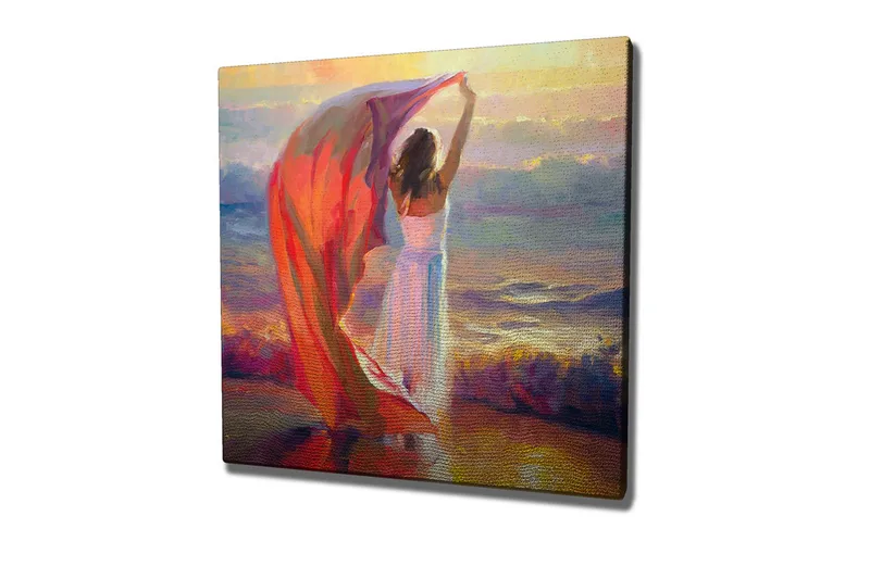 Canvastavla - Kvinna som håller upp en röd sjal vid havet, Röd / Vit / Blå