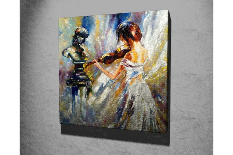 Canvastavla - Kvinna som spelar fiol med en skulptur i bakgrunden - Vit / Blå / Guld - Inredning - Tavlor & konst - Canvastavlor
