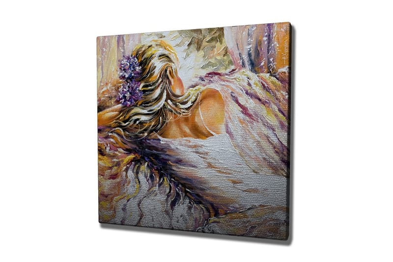 Canvastavla - Kvinnlig figur med blommor i håret som vilar i en mjuk omgivning, Lila / Beige / Vit