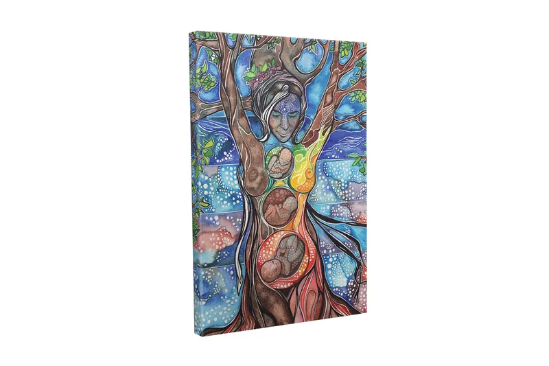 Canvastavla - Kvinnlig gestalt som förenar människa och natur genom trädets rötter och grenar - Grön / Blå / Brun - Inredning - Tavlor & konst - Canvastavlor