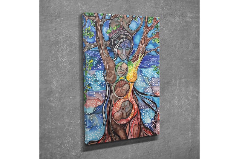 Canvastavla - Kvinnlig gestalt som förenar människa och natur genom trädets rötter och grenar - Grön / Blå / Brun - Inredning - Tavlor & konst - Canvastavlor