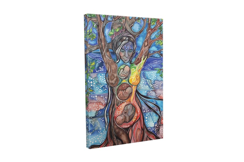 Canvastavla - Kvinnlig gestalt som förenar människa och natur genom trädets rötter och grenar, Grön / Blå / Brun