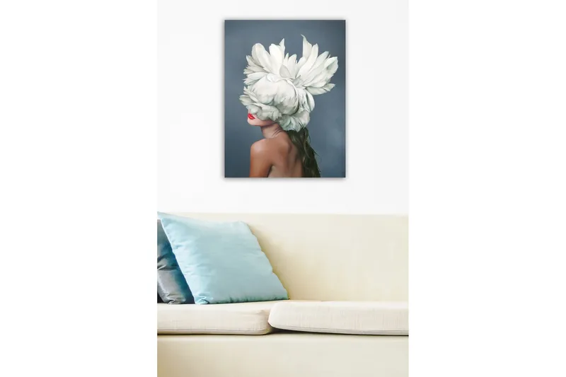 Canvastavla - Kvinnlig silhuett med en stor vit blomsterkrans som täcker ansiktet - Vit / Hudton / Röd - Inredning - Tavlor & konst - Canvastavlor
