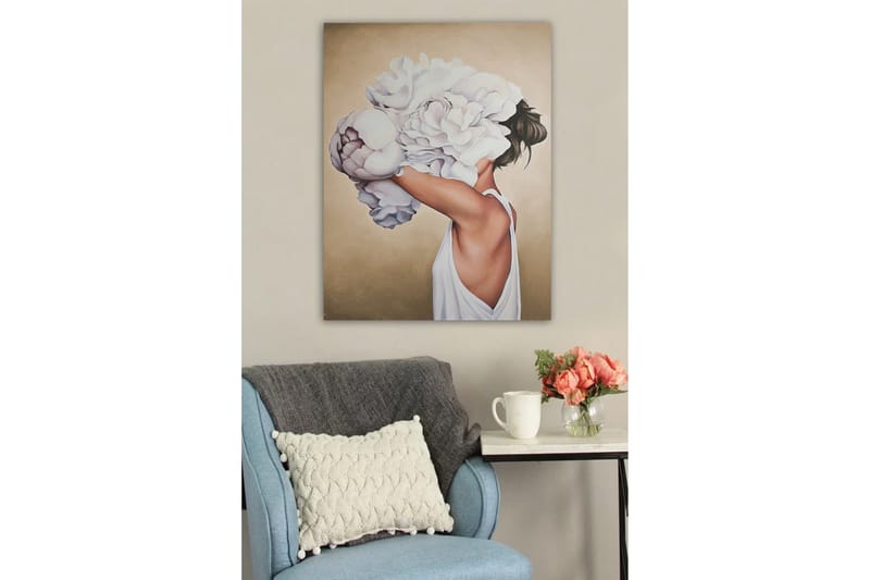 Canvastavla - Kvinnlig silhuett med stora vita blommor som döljer ansiktet - Vit / Beige / Ljusrosa - Inredning - Tavlor & konst - Canvastavlor