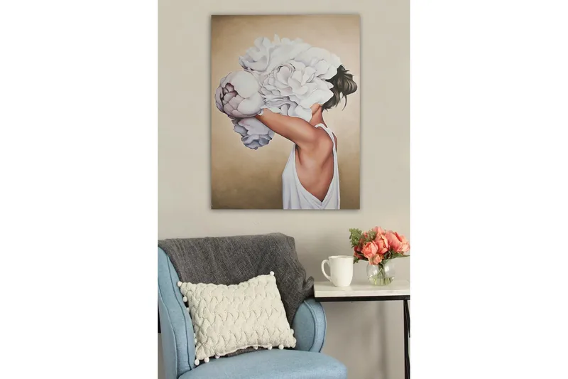 Canvastavla - Kvinnlig silhuett med stora vita blommor som döljer ansiktet - Vit / Beige / Ljusrosa - Inredning - Tavlor & konst - Canvastavlor