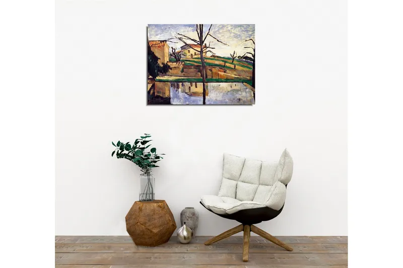 Canvastavla - Landskap med hus och spegelbild i vatten - Grön / Beige / Blå - Inredning - Tavlor & konst - Canvastavlor