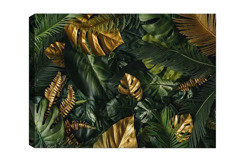 Canvastavla - Lummig samling av tropiska bladverk, Mörkgrön / Guld / Ljusgrön