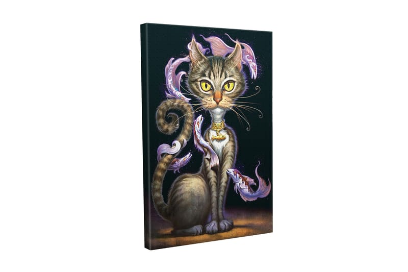 Canvastavla - Magisk katt med stora gula ögon och virvlande dekorativa fiskar runt kroppen - Svart / Lila / Brun - Inredning - Tavlor & konst - Canvastavlor
