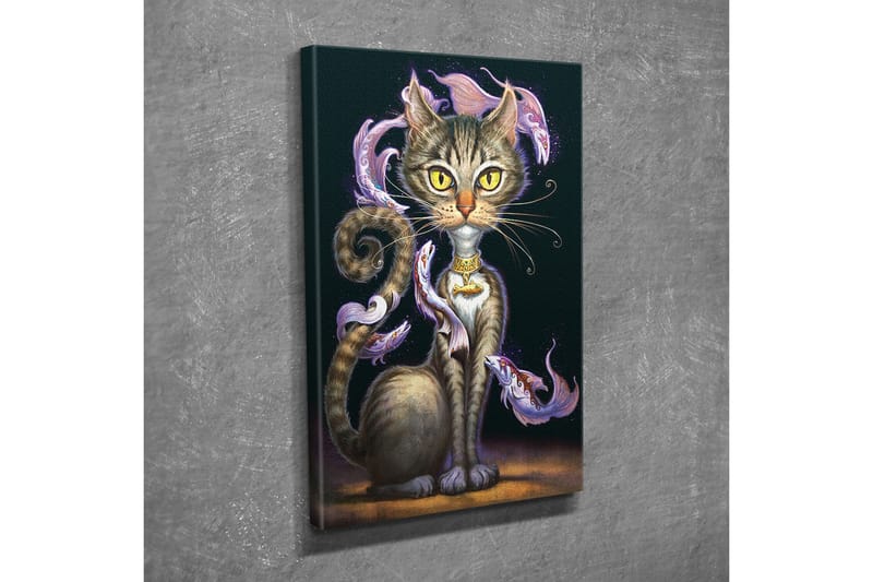 Canvastavla - Magisk katt med stora gula ögon och virvlande dekorativa fiskar runt kroppen - Svart / Lila / Brun - Inredning - Tavlor & konst - Canvastavlor