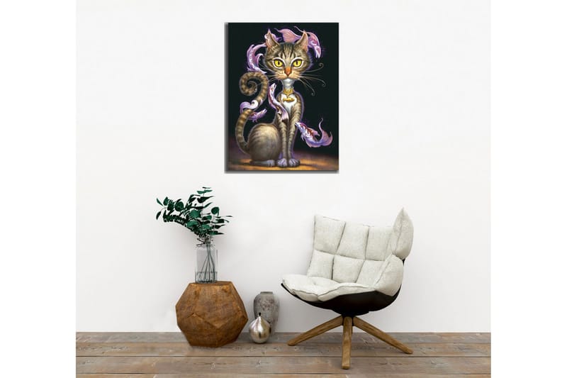 Canvastavla - Magisk katt med stora gula ögon och virvlande dekorativa fiskar runt kroppen - Svart / Lila / Brun - Inredning - Tavlor & konst - Canvastavlor
